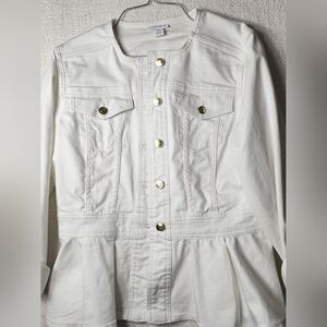 Liz Claiborne Petite Large White Denim Peplum Jacket Gold Buttons